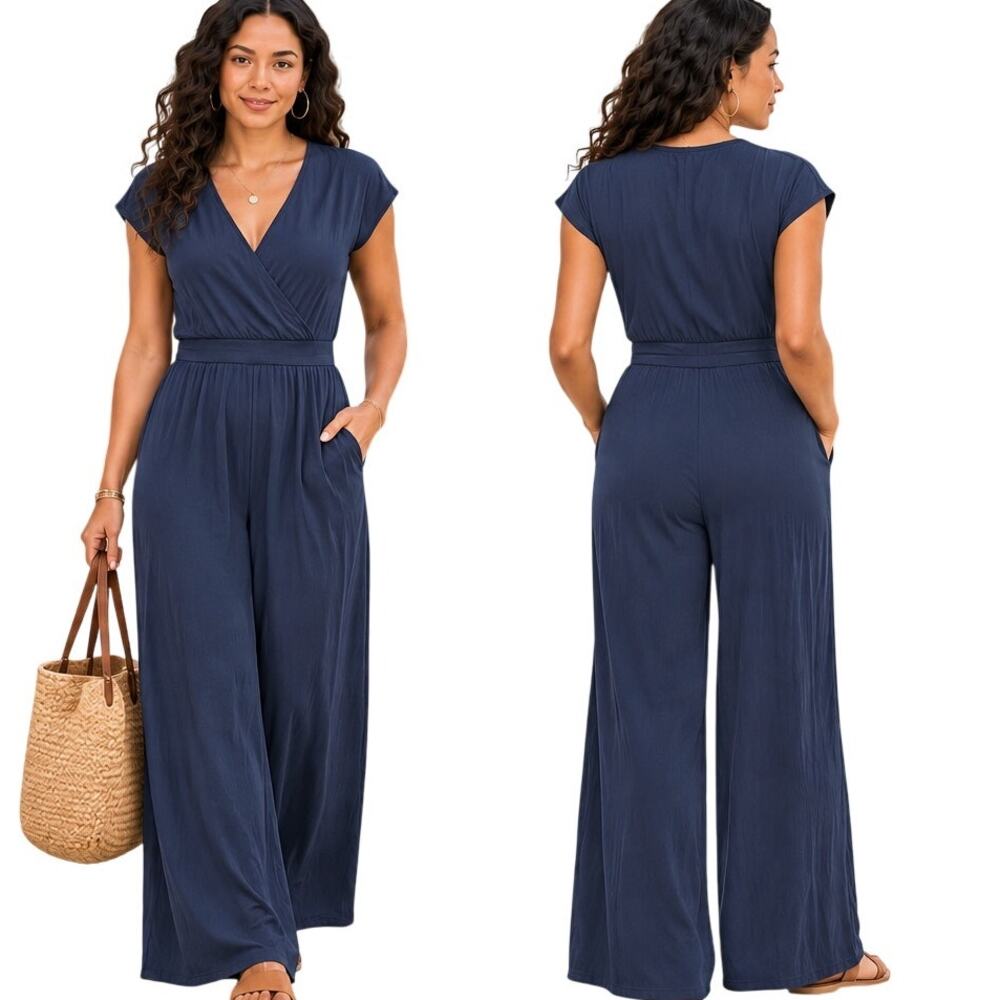 Halara V Neck Short Sleeve Side Pocket Wide Leg Flowy Waffle Casual Jumpsuit